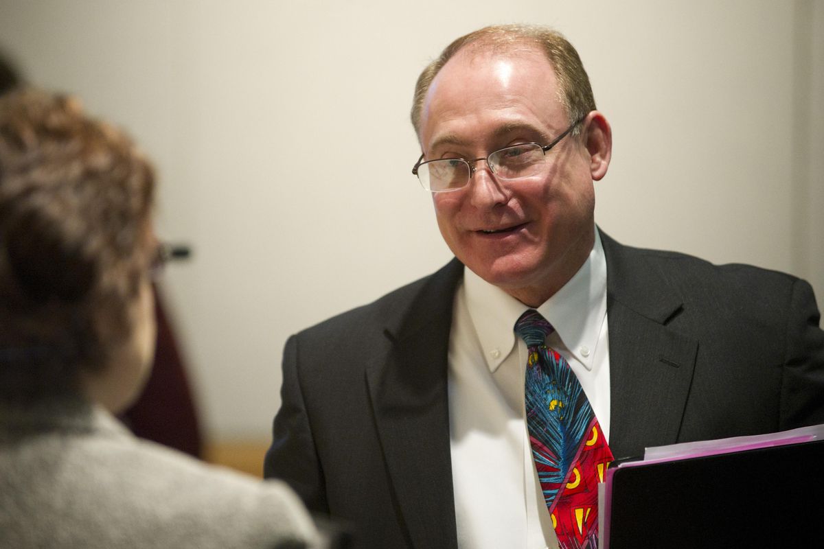 After being interviewed by Spokane County Commissioners for the appointment to Bob McCaslin's Senate seat, candidate Jeff Baxter chats with a supporter Friday, Feb. 11, 2011. On Feb. 6, 2016, Baxter was one of three candidates nominated by the Spokane County Republican Party to fill an open seat on the Spokane County Commission. (Colin Mulvany / The Spokesman-Review)