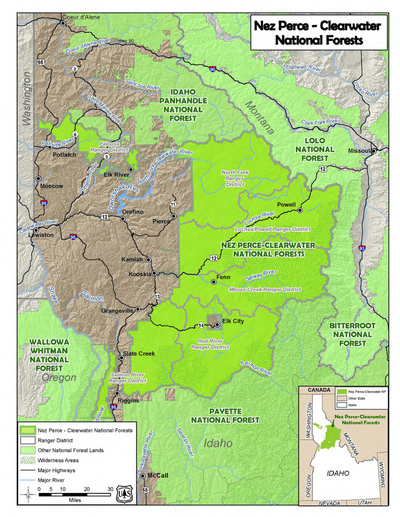 The Clearwater-Nez Perce National Forest total 4 million acres south of the Idaho Panhandle National Forests. (U.S. Forest Service)