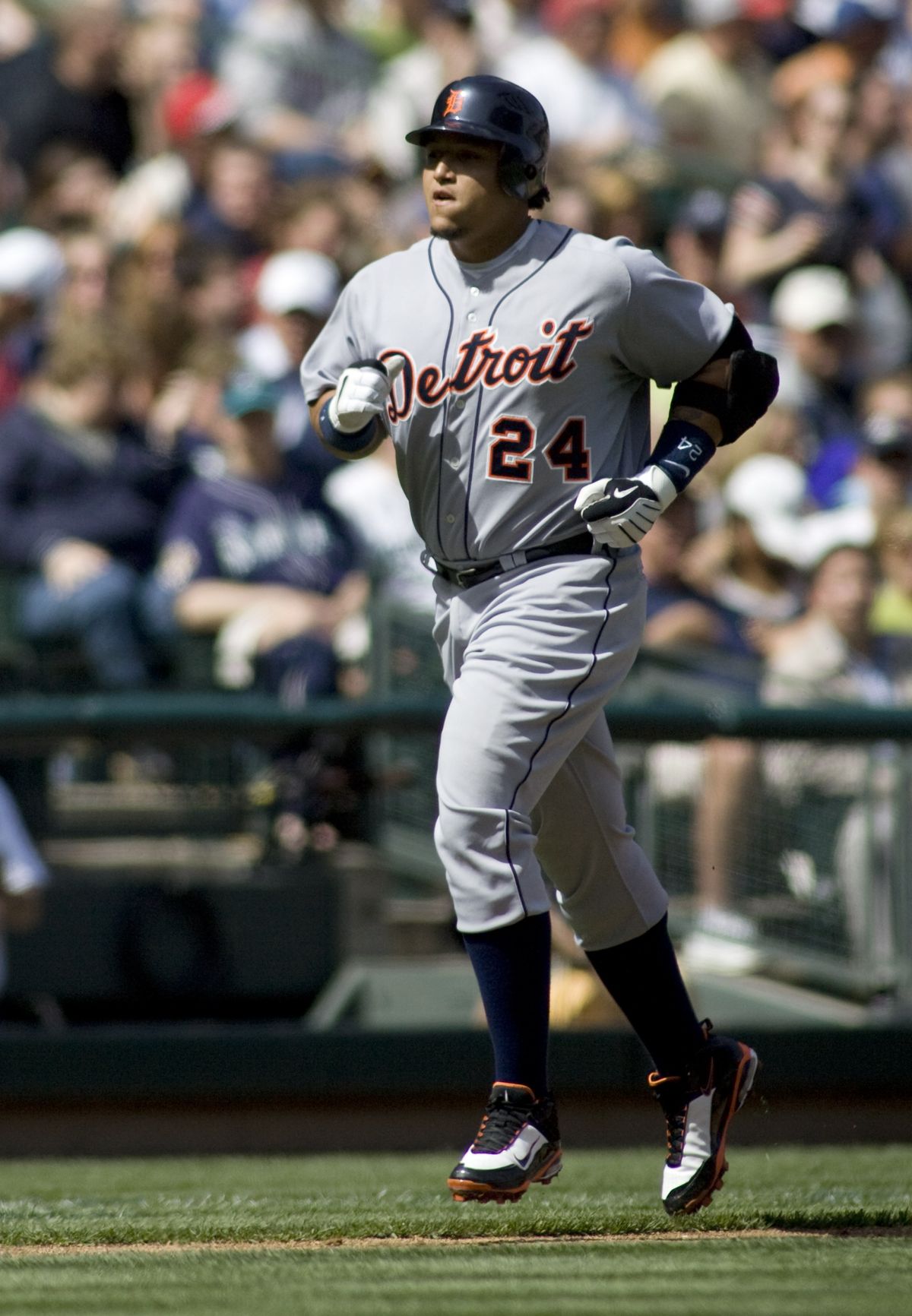Detroit’s Miguel Cabrera runs the bases after a three-run home run in the third inning. (Associated Press)
