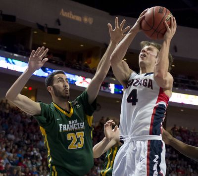 Gonzaga guard Kevin Pangos (4) heads to the basket as San Francisco center Mark Tollefsen (23) defends in the first half of a WCC men's tournament quarterfinal basketball game, Sat., March 7, 2015, at the Orleans Arena in Las Vegas, Nevada. (The Spokesman-Review)