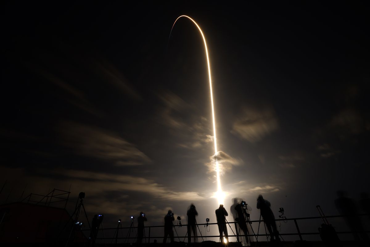 A SpaceX Falcon 9 lifts off in this time exposure from Launch Complex 39A Friday, April 23, 2021, at the Kennedy Space Center in Cape Canaveral, Fla. Four astronauts will fly on the SpaceX Crew-2 mission to the International Space Station.  (Chris O'Meara)