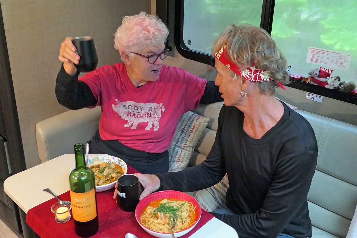 Eating dinner indoors during a rainstorm at Mount Rainier National Park. (John Nelson)
