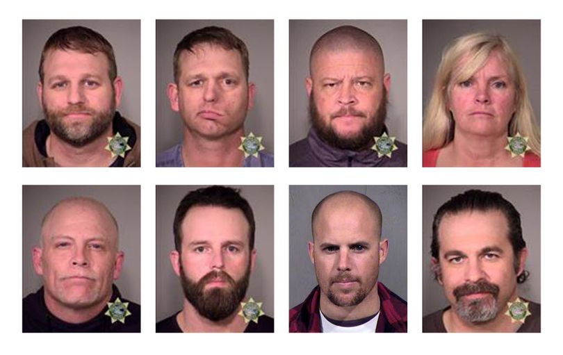 This combination of photos provided by the Multnomah County Sheriff's Office and the Maricopa County Sheriff's Office shows eight people involved in the occupation of the headquarters of the Malheur National Wildlife Refuge in Oregon on Jan. 2, 2016, who were arrested on Tuesday, Jan. 26, 2016. Top row from left are Ammon Bundy, Ryan Bundy, Brian Cavalier and Shawna Cox. Bottom row from left are Joseph Donald O'Shaughnessy, Ryan Payne, Jon Eric Ritzheimer and Peter Santilli. (Multnomah County Sheriff's Office/Maricopa County Sheriff's Office via AP)