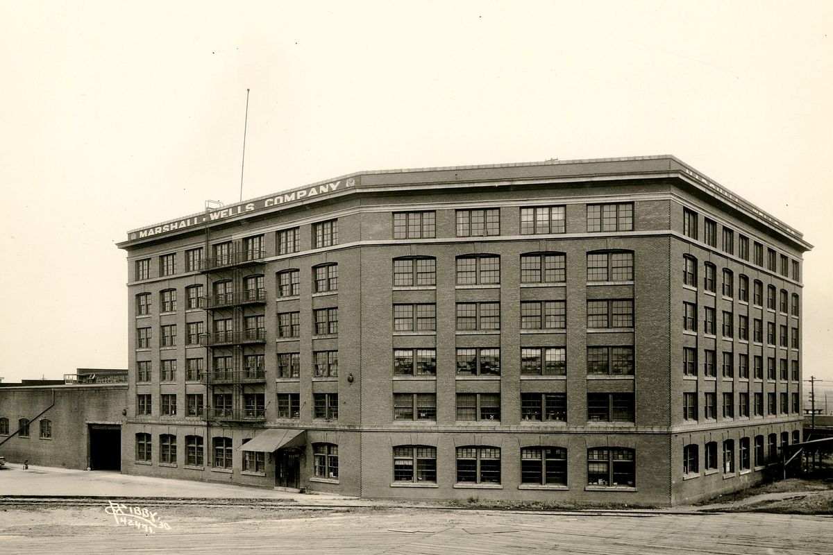 This 1930 historical photo of the Jensen-Byrd warehouse building shows when Marshall-Wells, a hardware distributor, occupied the 1908 building.  (Charles Libby/Courtesy of the Northwest Museum of Arts & Culture/Eastern Washington State Historical Society)