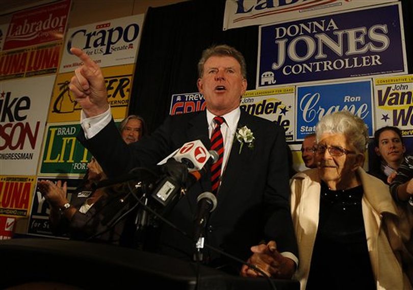 Idaho Gov. Butch Otter addresses supporters on election night, with his mother, Regina Otter (AP Photo / Matt Cilley)