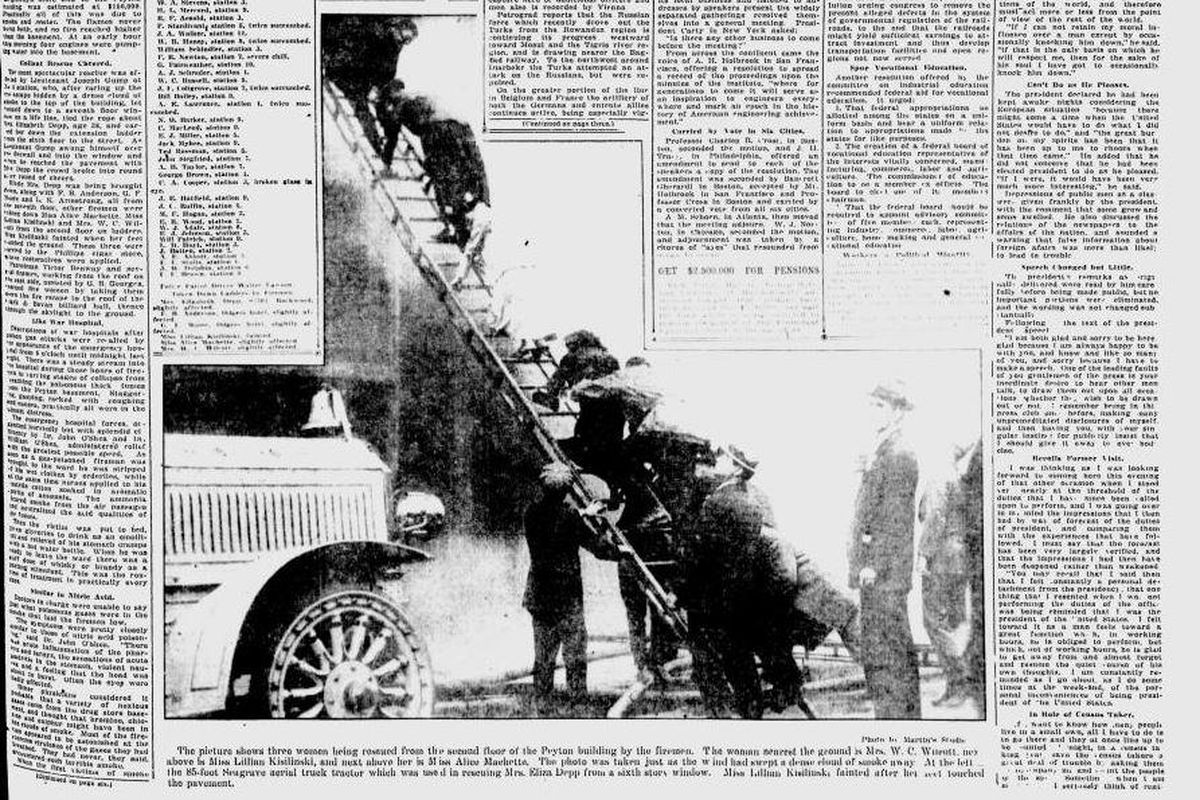 More than 50 Spokane firefighters were injured after inhaling toxic fumes from a pharmacy fire in the Peyton building in downtown Spokane, The Spokesman-Review reported on May 17, 1916. (The Spokesman-Review)