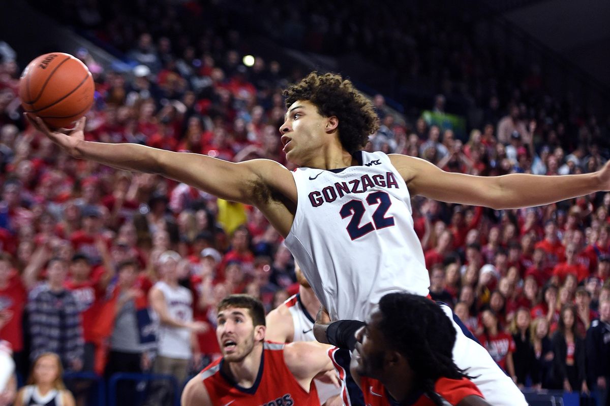 Gonzaga forward Anton Watson (22) looks to the basket during the first half of a college basketball game against Lewis-Clark State on Friday, Nov. 1, 2019, at the McCarthey Athletic Center. (Colin Mulvany / The Spokesman-Review)