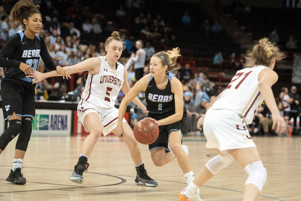 Central Valley guard Mady Simmelink (1) dribbles past a University High defender during the Stinky Sneaker high school basketball game at the Spokane Veterans Arena, Wednesday, Jan. 16, 2019. In her high school career, Simmelink helped the Bears win four straight Greater Spokane League championships, two state championships and the 2018 national title. (Colin Mulvany / The Spokesman-Review)