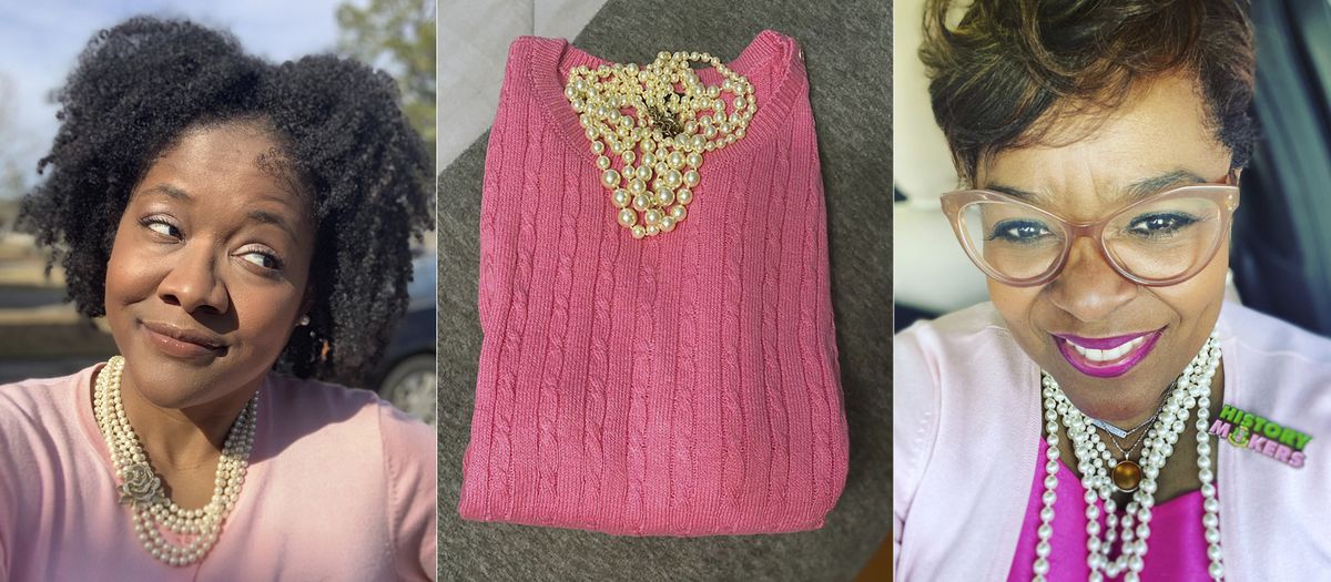 In this combination photo, Robyn Sherman appears in a selfie wearing a pink sweater with pearls, from left, a pink sweater and pearls appear in an image posted by Andrea Morgan and a selfie of Sondrea Tolbert shows her wearing pink with pearls to celebrate the inauguration of Vice President Kamala Harris. Alpha Kappa Alpha declared on Twitter that Jan. 20 would be Soror Kamala D. Harris Day and encouraged members to share photos of their celebrations with the hashtag #KamalaHarrisDay.  (HONS)