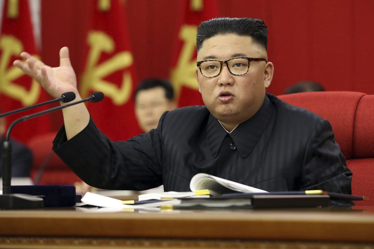 In this photo provided by the North Korean government, North Korean leader Kim Jong Un speaks during a Workers
