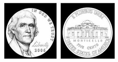 
This artist rendering provided by the U.S. Mint shows the front and back of the new nickel that will go into production in 2006. The front features Thomas Jefferson, facing forward. The reverse has an updated image of Monticello. 
 (Associated Press / The Spokesman-Review)