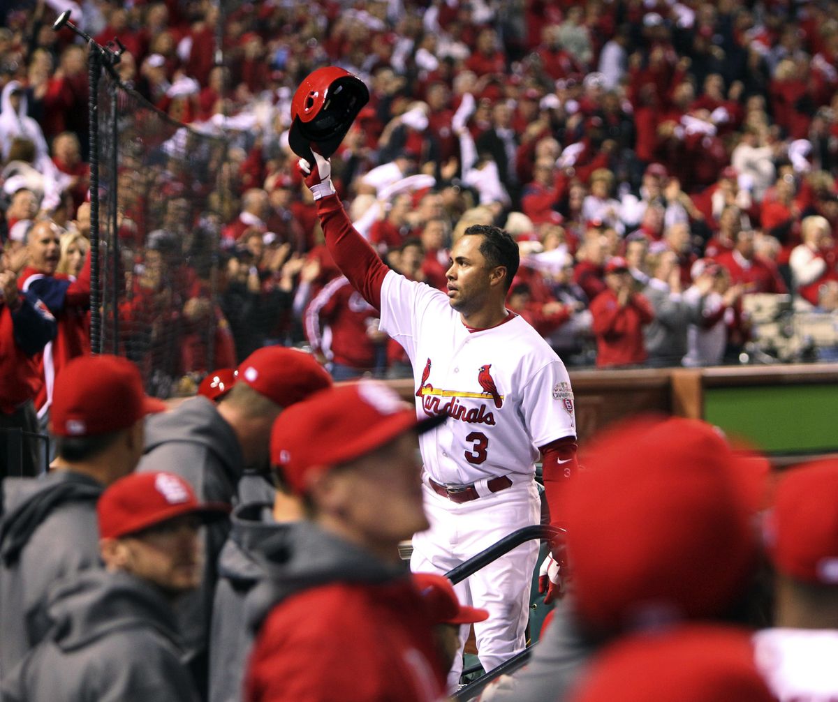 St. Louis’ Carlos Beltran acknowledges the fans with a curtain call after his second homer of Game 2. (Associated Press)