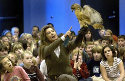
Students from Sunrise Elementary School look on as raptor biologist Janie Fink shows off a red-tailed hawk at an assembly Wednesday. Fink also brought a barn owl and a kestral to show the students.
 (Joe Barrentine / The Spokesman-Review)