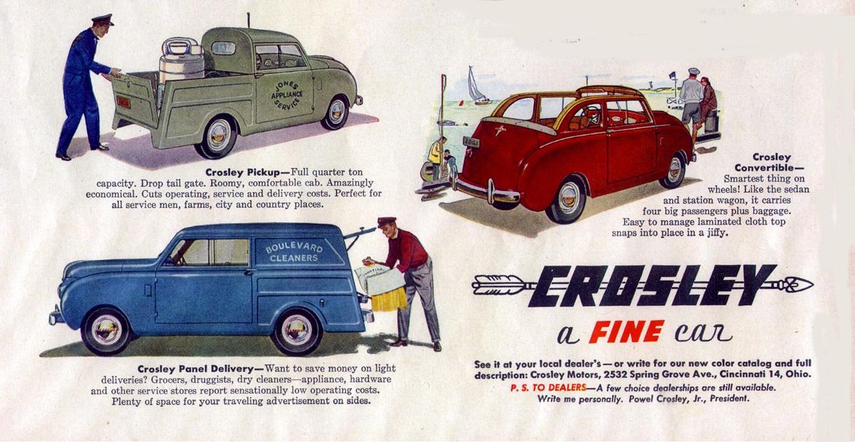 The Crosley models in 1951 and 1952 also included pickup trucks, convertibles and sedan delivery style utility vehicles.


 (Complements former Crosley Motors Inc.)