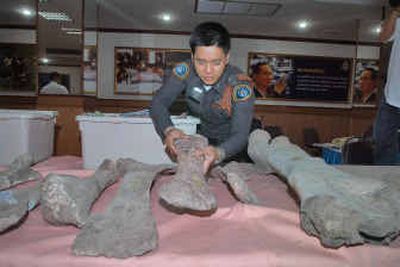 
A Thai police officer arranges pieces of confiscated dinosaur bones and fossils Friday at a news conference.
 (Associated Press / The Spokesman-Review)