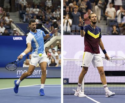 In a two-photo combo, Novak Djokovic of Serbia, left, and Daniil Medvedev of Russia, during their respective U.S. Open semifinal victories at Arthur Ashe Stadium in Queens, Sept. 8, 2023. Their final on Sunday will be a rematch of the 2021 final, which Medvedev won, stopping Djokovic from completing a calendar Grand Slam.   (New York Times)