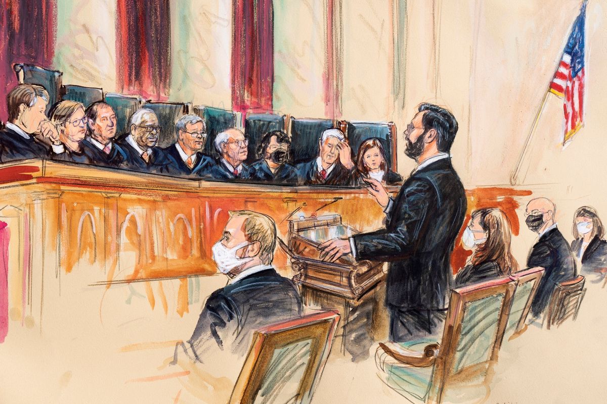 FILE - This artist sketch depicts Marc Hearron, petitioner for Whole Woman