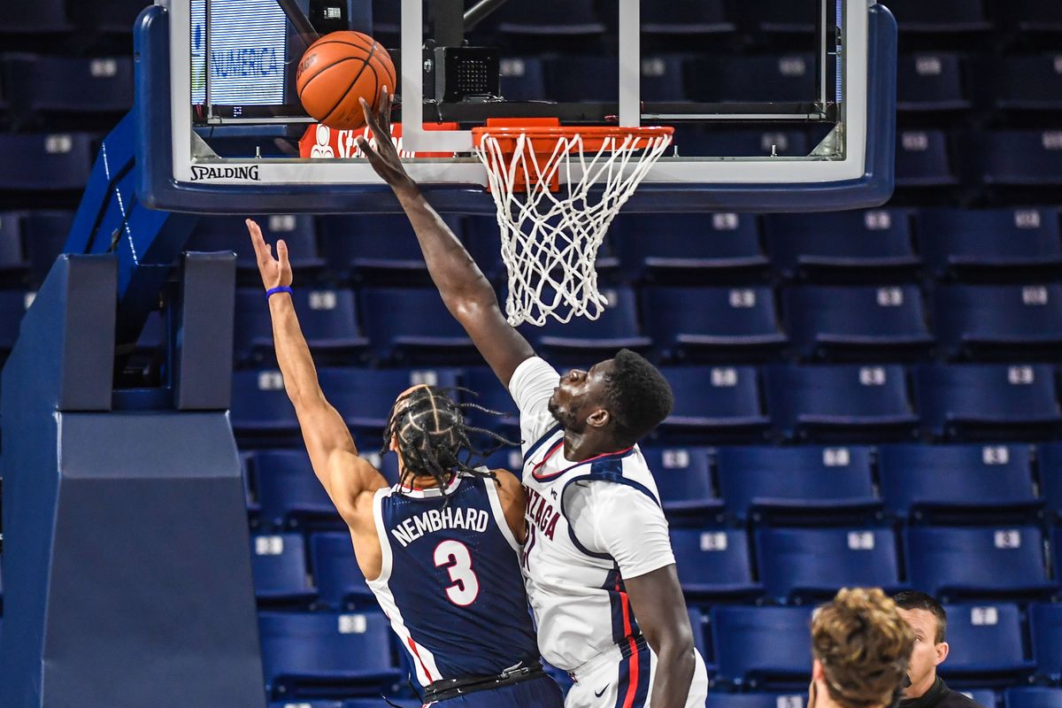 Gonzaga center Oumar Ballo rejects a shot by guard Andrew Nembhard during Kraziness in the Kennel on Thursday in the McCarthey Athletic Center.  (Dan Pelle/THESPOKESMAN-REVIEW)