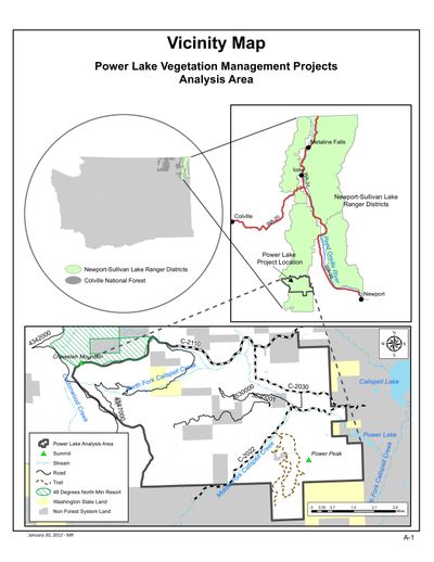Vicinity map for Power Lake Vegetation Management Projects Analysis Area in Newport Sullivan Lakes Ranger Districts  (Courtesy of Colville National Forest )