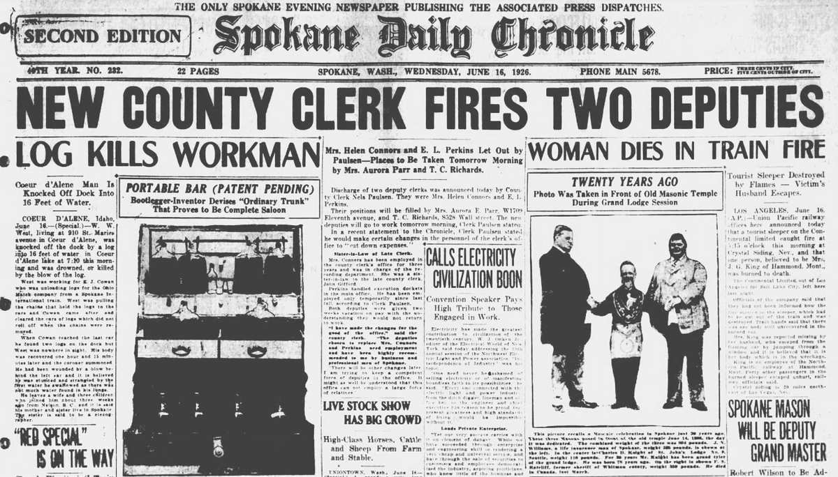 The recently installed Spokane County Clerk Nels Paulsen fired two deputy clerks, including one who was the sister-in-law of the former County Clerk John Gifford, the Spokane Daily Chronicle reported on June 16, 1926.  (Spokesman-Review archives)