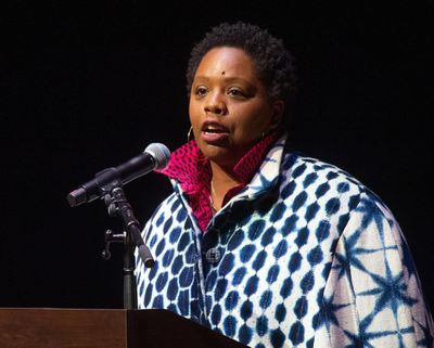 Patrisse Cullors, co-founder of the Black Lives Matter movement, speaks at Gonzaga in the Myrtle Woldson Performing Arts Center, Thursday, Feb. 20, 2020. (Colin Mulvany / The Spokesman-Review)