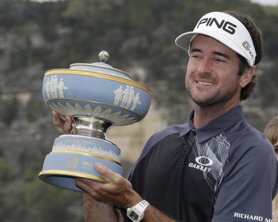 Bubba Watson holds his trophy after winning the final round at the Dell Technologies Match Play tournament on Sunday in Austin, Texas. (Eric Gay / Associated Press)