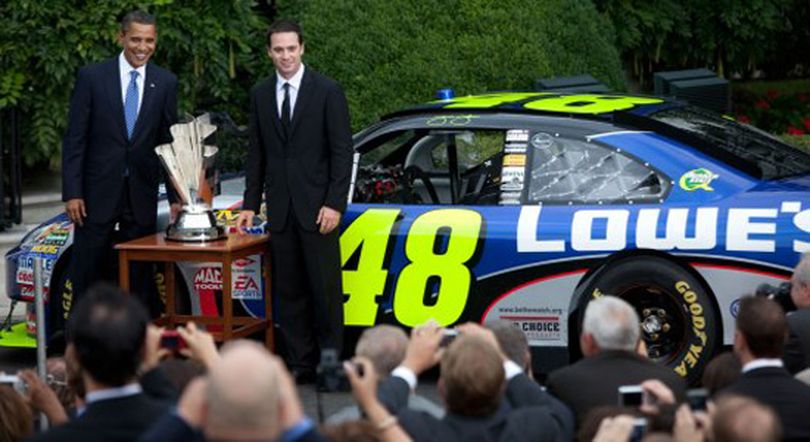 President Barack Obama with NASCAR 2008 Sprint Cup Champion Jimmie Johnson during a ceremony honoring him at the White House on Wednesday. (Official White House Photo by Lawrence Jackson) (The Spokesman-Review)