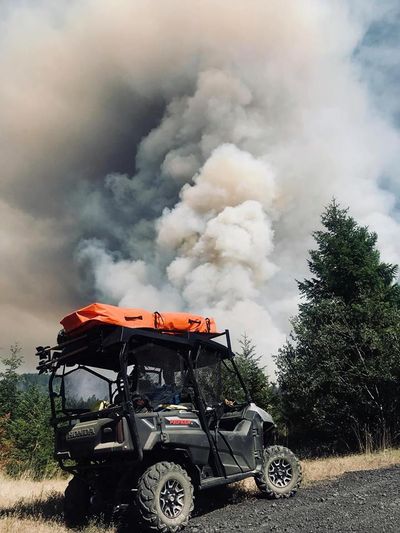 The Spokane County Fire District 9’s outfitted utility task vehicle is used as a rapid extraction module. The REM is seen at the Hendrix fire in Oregon. (Spokane County Fire District 9’s Facebook page)