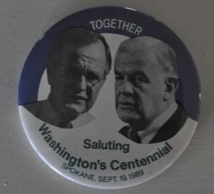 Button from an event in Riverfront Park with House Speaker Tom Foley and President George H.W. Bush on Sept. 19, 1989 (Jim Camden)