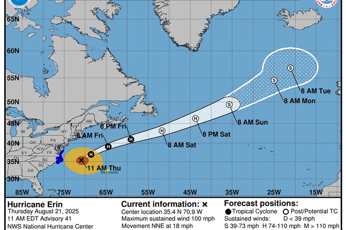 Hurricane Erinâ€™s outer bands battered North Carolina, Virginia and Maryland on Thursday, Aug. 21, 2025, as the massive storm scraped the coastline. (National Hurricane Center/TNS)  (NHC/TNS)