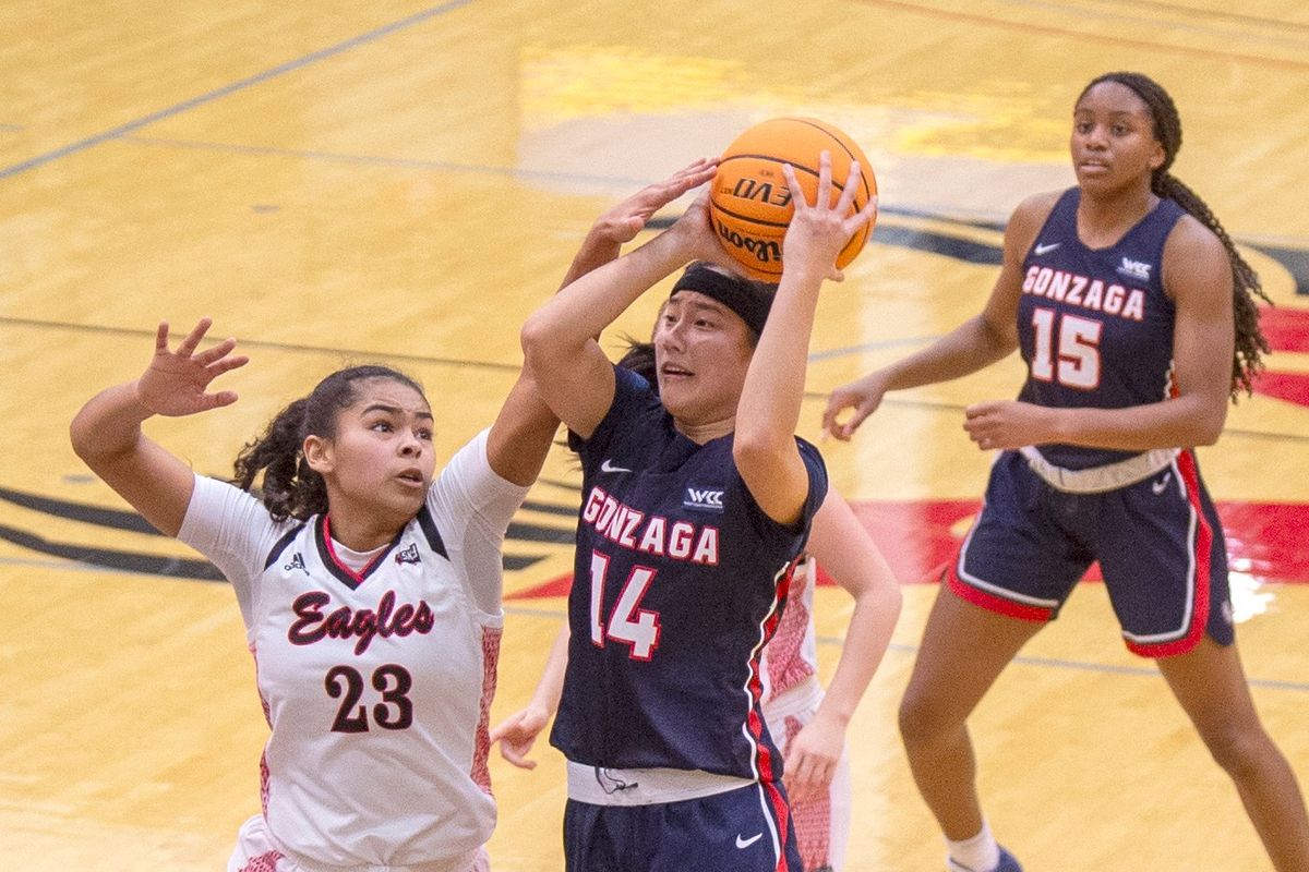 Jaydia Martin (23), among five returning starters for Eastern Washington, defends against Gonzaga guard Kaylynne Truong (14) in a game last December in Cheney.  (Jesse Tinsley/The Spokesman-Review)