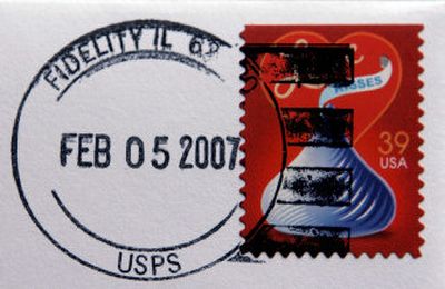 A freshly postmarked Valentine's Day stamp is shown with the local cancellation in Fidelity, Ill. Many people submit requests just asking for the postmark. 
 (Associated Press / The Spokesman-Review)