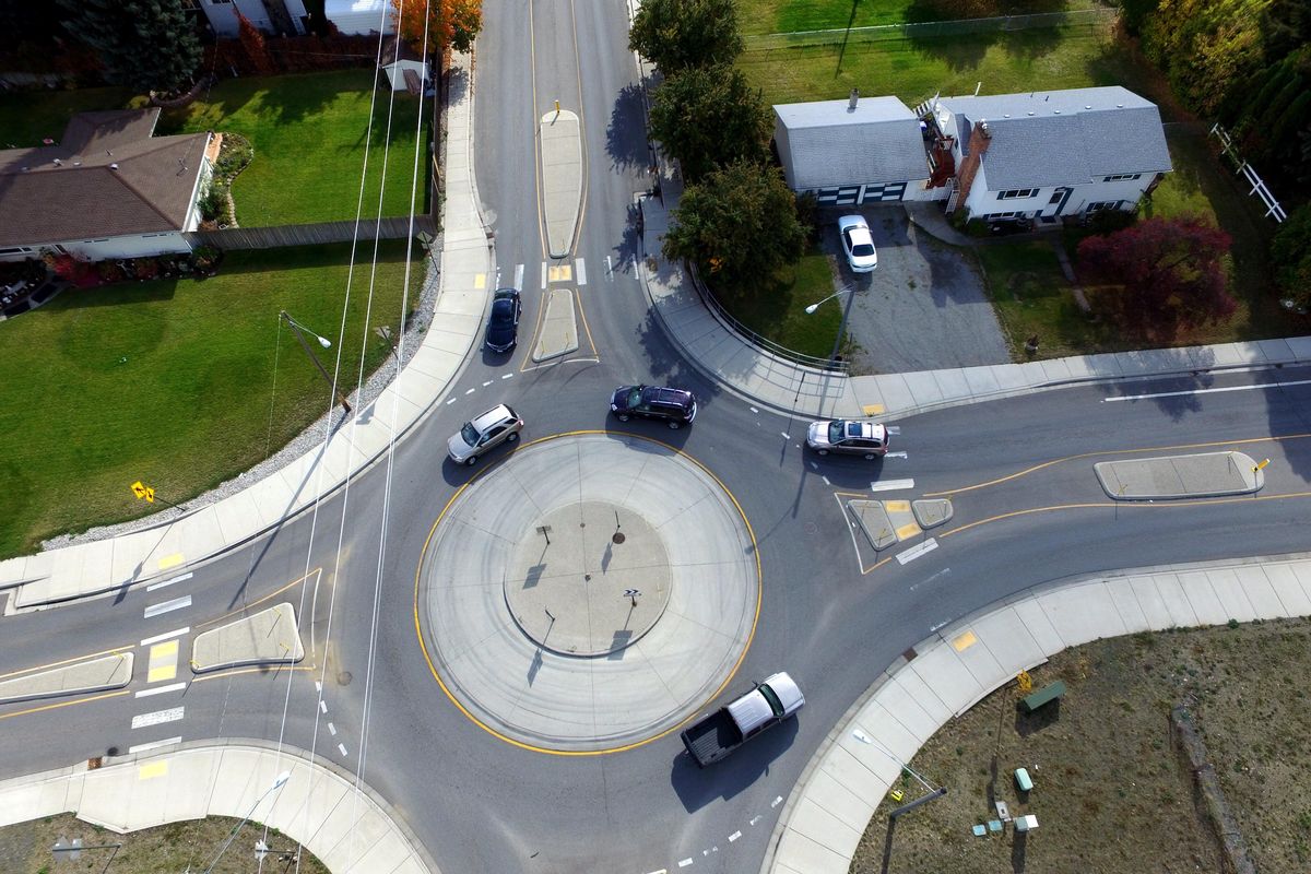 The roundabout at Flora Road and E. Broadway Avenue is one of Spokane Valley's newer additions to traffic flow in the city. (Jesse Tinsley / The Spokesman-Review)