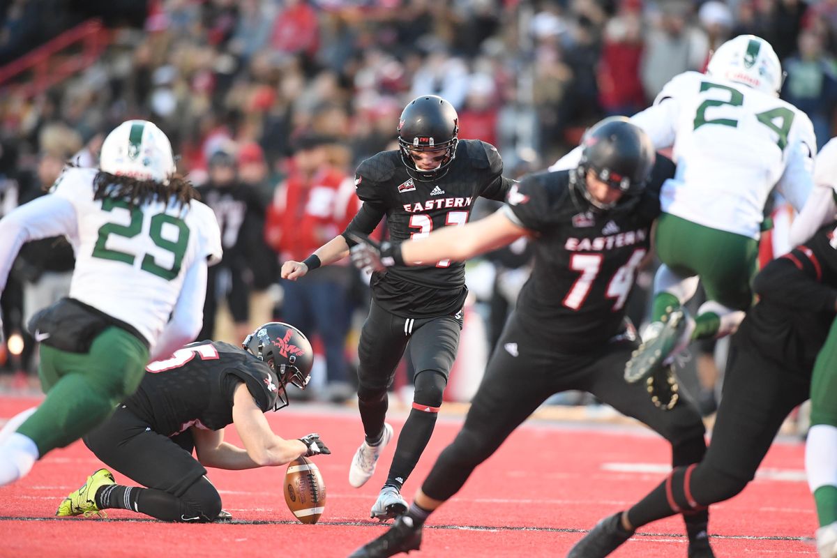 Eastern Washington  place-kicker Roldan Alcobendas  kicks a field goal during the first half  of a Nov. 18, 2017, game at Roos Field in Cheney. (Tyler Tjomsland / The Spokesman-Review)