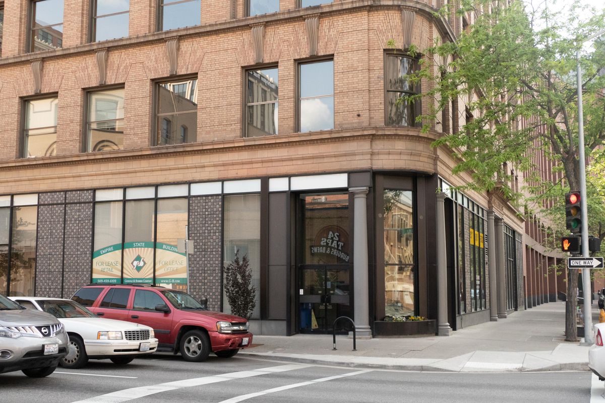 2019 – The Great Western Building, built in 1900 and originally called the Empire State Building, sits on the corner of Lincoln Street and Riverside Avenue in downtown Spokane, shown Friday, May 31, 2019. The Empire name came from Charles Sweeny, a partner in the building, who was from New York and named his mining company Empire State. (Jesse Tinsley / The Spokesman-Review)