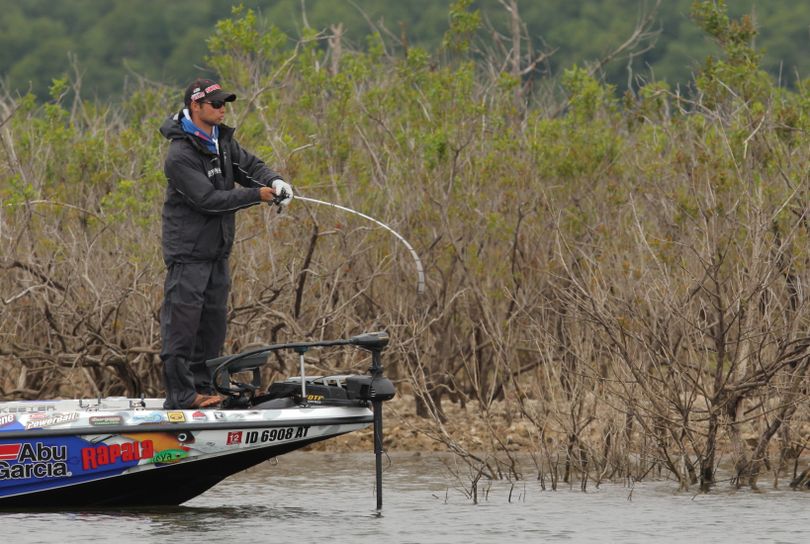 Brandon Palaniuk of Rathdrum, Idaho, casts on Day 2 of the Bassmaster Elite Series TroKar Quest tournament at Bull Shoals Lake, Ark. He won the $100,000 prize in the three-day event on April 22, 2012. (B.A.S.S.)