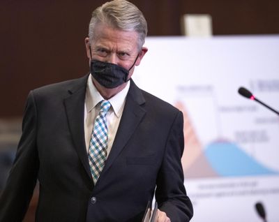 Idaho Gov. Brad Little announces Stage 3 of his reopening of Idaho plan at the Statehouse, Thursday, May 28, 2020, in Boise, Idaho. (Darin Oswald / AP)