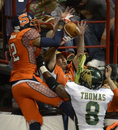 A touchdown reception by Shock receiver Kamar Jorden was reversed after instant reply showed a fan touched the ball. (Colin Mulvany)
