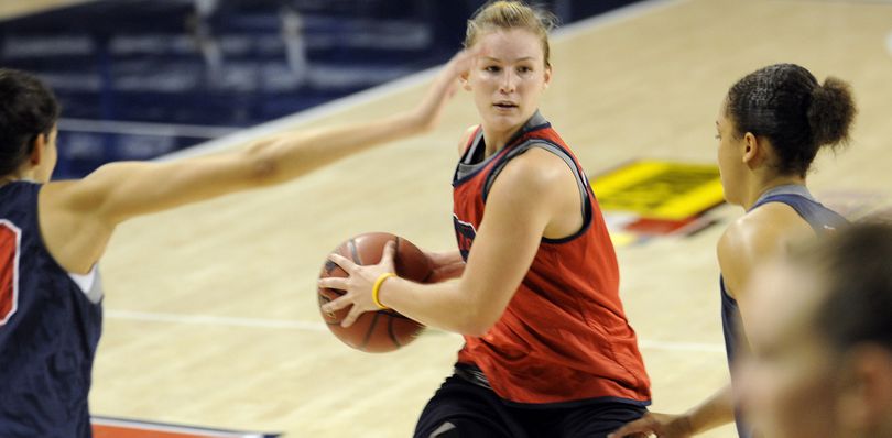 Taelor Karr, with ball, passes off as the Gonzaga University womens basketball team goes through practice Thursday October 6, 2011. (Christopher Anderson / The Spokesman-Review)