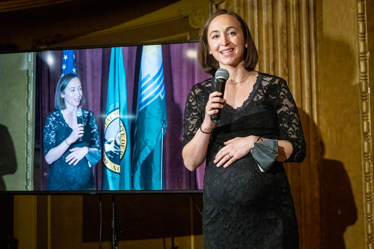 In a close race with Republican incumbent Al French, Maggie Yates, candidate for Spokane County Commissioner, speaks to the crowd during an election night gathering for Democratic and progressive candidates Tuesday at Riverside Place.  (Colin Mulvany/The Spokesman-Review)