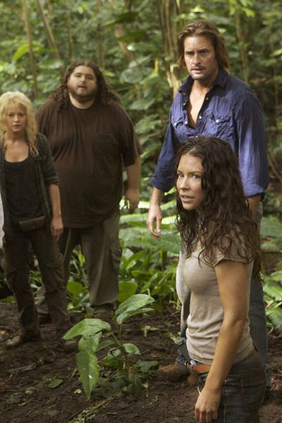 From left, Emilie de Ravin, Jorge Garcia, Josh Holloway and Evangeline Lilly from “Lost,” which wraps up Sunday.ABC (ABC)