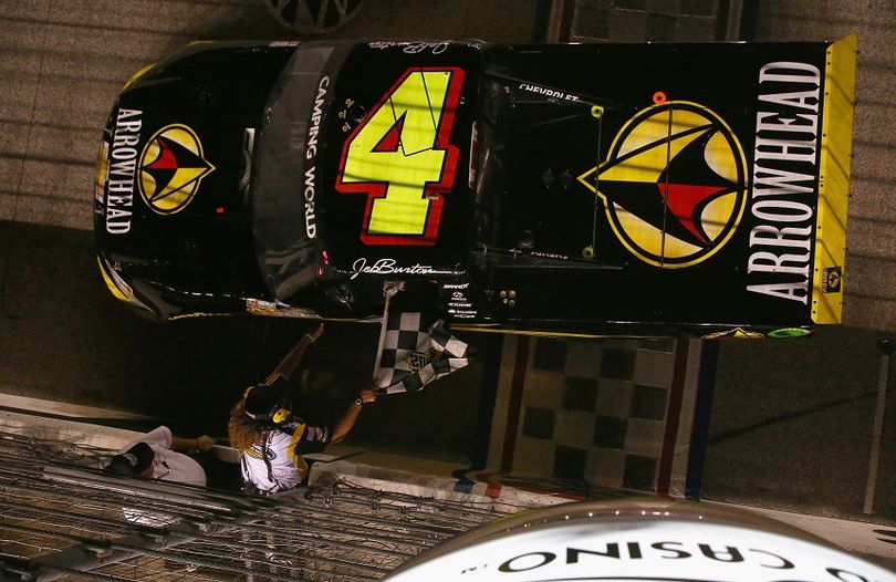 Jeb Burton, driver of the #4 Arrowhead Chevrolet, celebrates with the checkered flag after winning the NASCAR Camping World Truck Series WinStar World Casino 400 at Texas Motor Speedway on June 7, 2013 in Fort Worth, Texas. (Photo Credit: Tom Pennington/Getty Images for Texas Motor Speedway) (Tom Pennington / Getty Images North America)