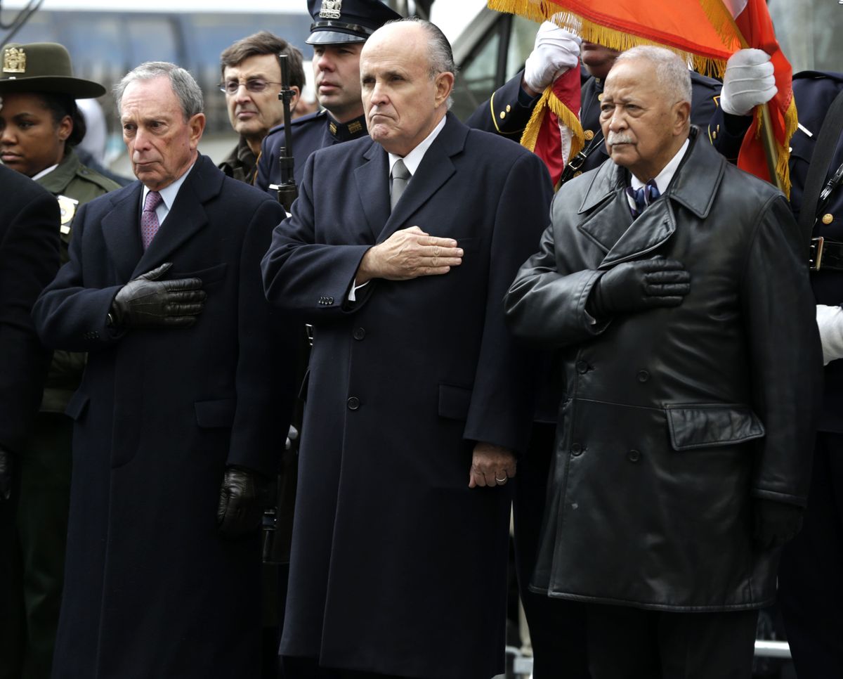 New York City Mayor Michael Bloomberg, left, and former New York City Mayors Rudolph Giuliani and David Dinkins look on somberly as a casket containing the body of former New York City Mayor Ed Koch leaves a synagogue in New York on Monday. (Associated Press)