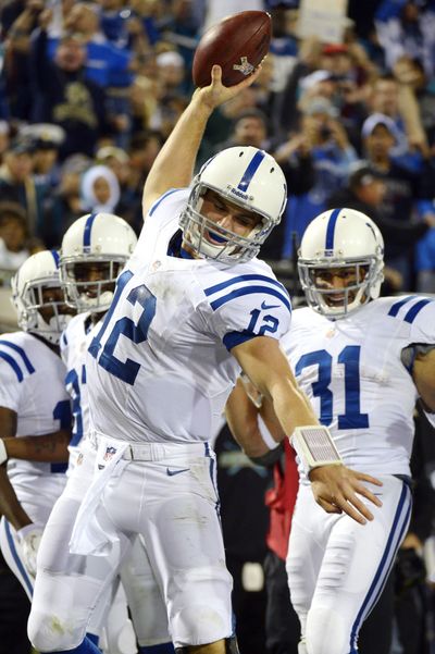 Indianapolis Colts quarterback Andrew Luck (12) celebrates his touchdown run against the Jacksonville Jaguars during the second quarter of an NFL football game, Thursday, Nov. 8, 2012, in Jacksonville, Fla. (Phelan Ebenhack / Fr121174 Ap)