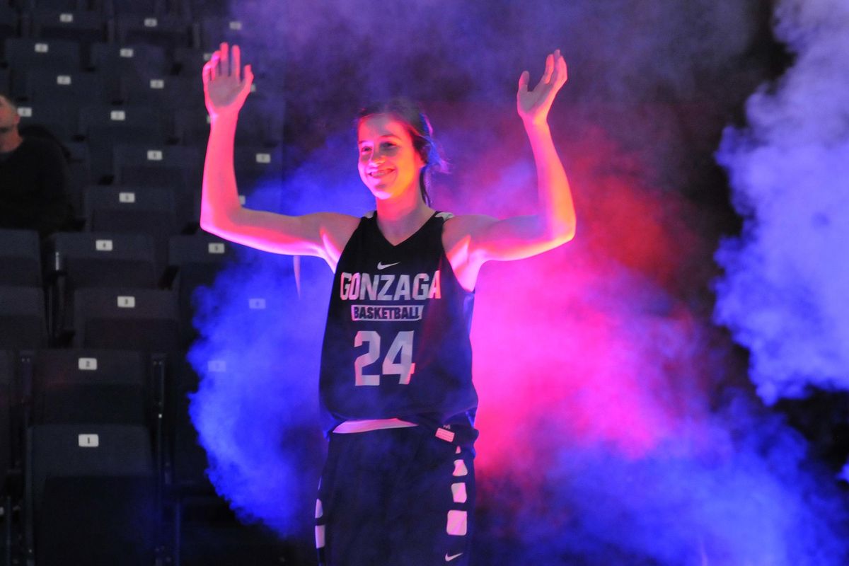 Gonzaga Bulldogs guard Katie Campbell (24) is introduced before the Numerica Fan Fest, Saturday, Oct. 14, 2017, at the McCarthey Athletic Center. (James Snook / Special to The Spokesman-Review)