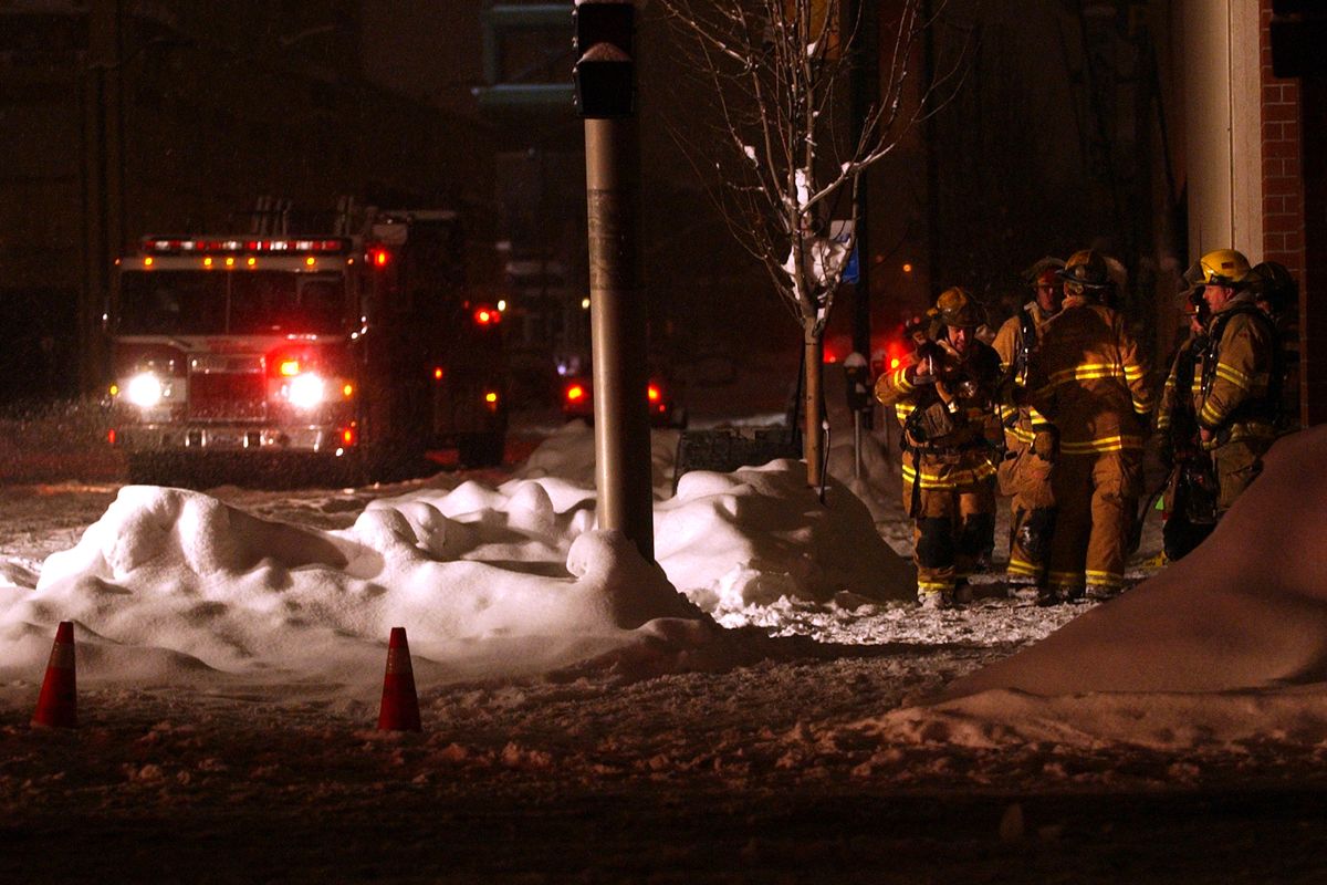 Spokane firefighters are on the scene of a transformer fire at Monroe and Sprague. (Liz Kishimoto / The Spokesman-Review)