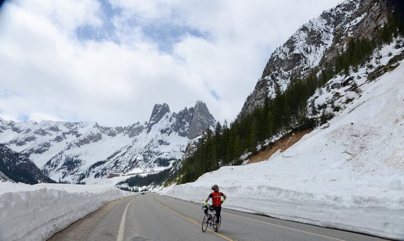 Bicylcst on the North Cascades Highway west of Winthrop on May 4, 2014. (Methow Valley Sport Trails Association)