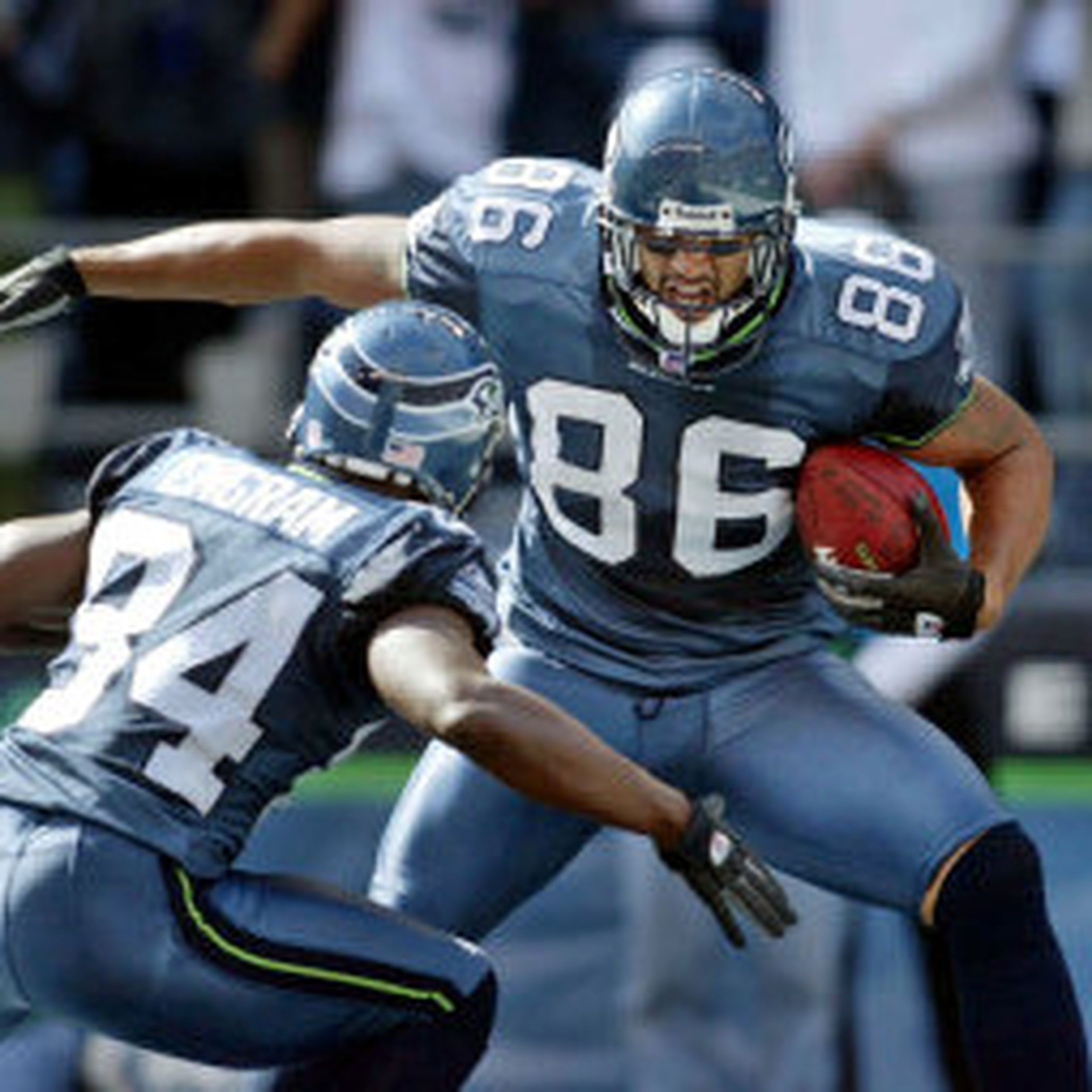 Seattle Seahawks defensive end Patrick Kerney celebrates his sack