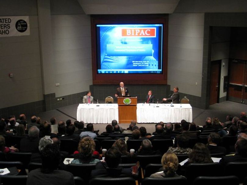 Greg Casey, CEO of BIPAC, addresses the Associated Taxpayers of Idaho on Wednesday in Boise (Betsy Russell)