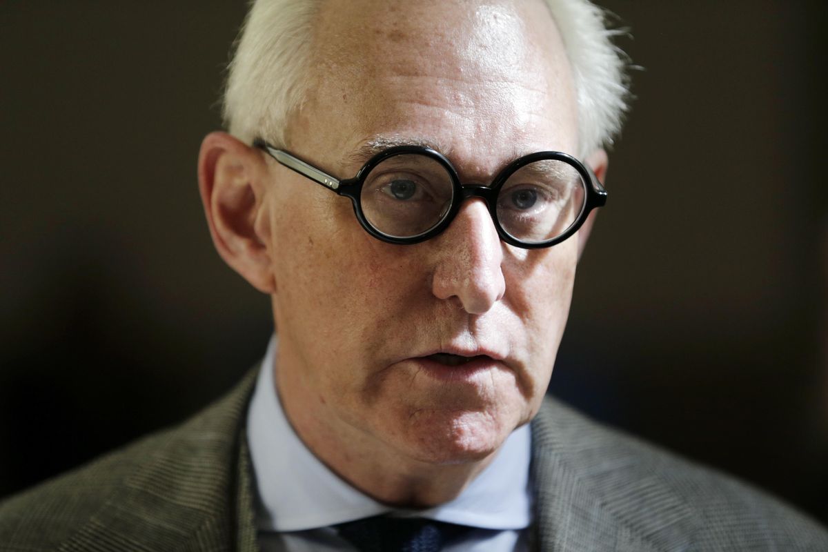 Roger Stone talks to reporters outside a courtroom March 30, 2017 in New York. (Seth Wenig / Associated Press)